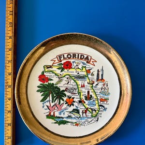 Pode incluir: Um prato decorativo vintage com uma borda dourada e um mapa da Fl&oacute;rida. O prato apresenta ilustra&ccedil;&otilde;es de palmeiras, flores e marcos, com a palavra "FLORIDA" no topo.
