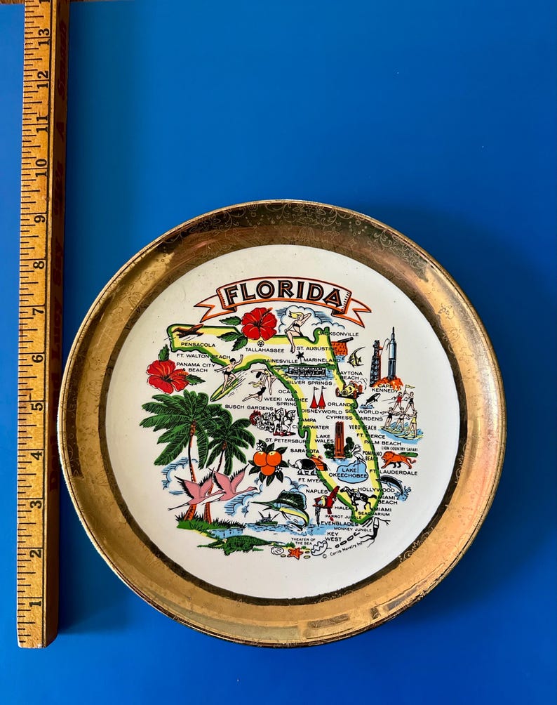 Pode incluir: Um prato decorativo vintage com uma borda dourada e um mapa da Fl&oacute;rida. O prato apresenta ilustra&ccedil;&otilde;es de palmeiras, flores e marcos, com a palavra "FLORIDA" no topo.