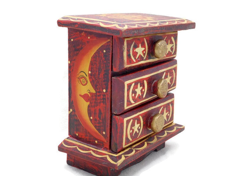 6 34 Inches by 4 12 Inches Cute Artsy Boho Memento Box Red Black and Gold Vintage Wood Jewelry Box Chest w Painted Sun Stars /& Moon