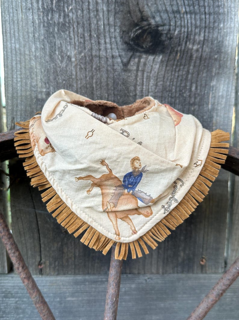 Vintage Bull Rider Baby Bib & Burp Cloth Set, Faux Suede Fringe - Etsy