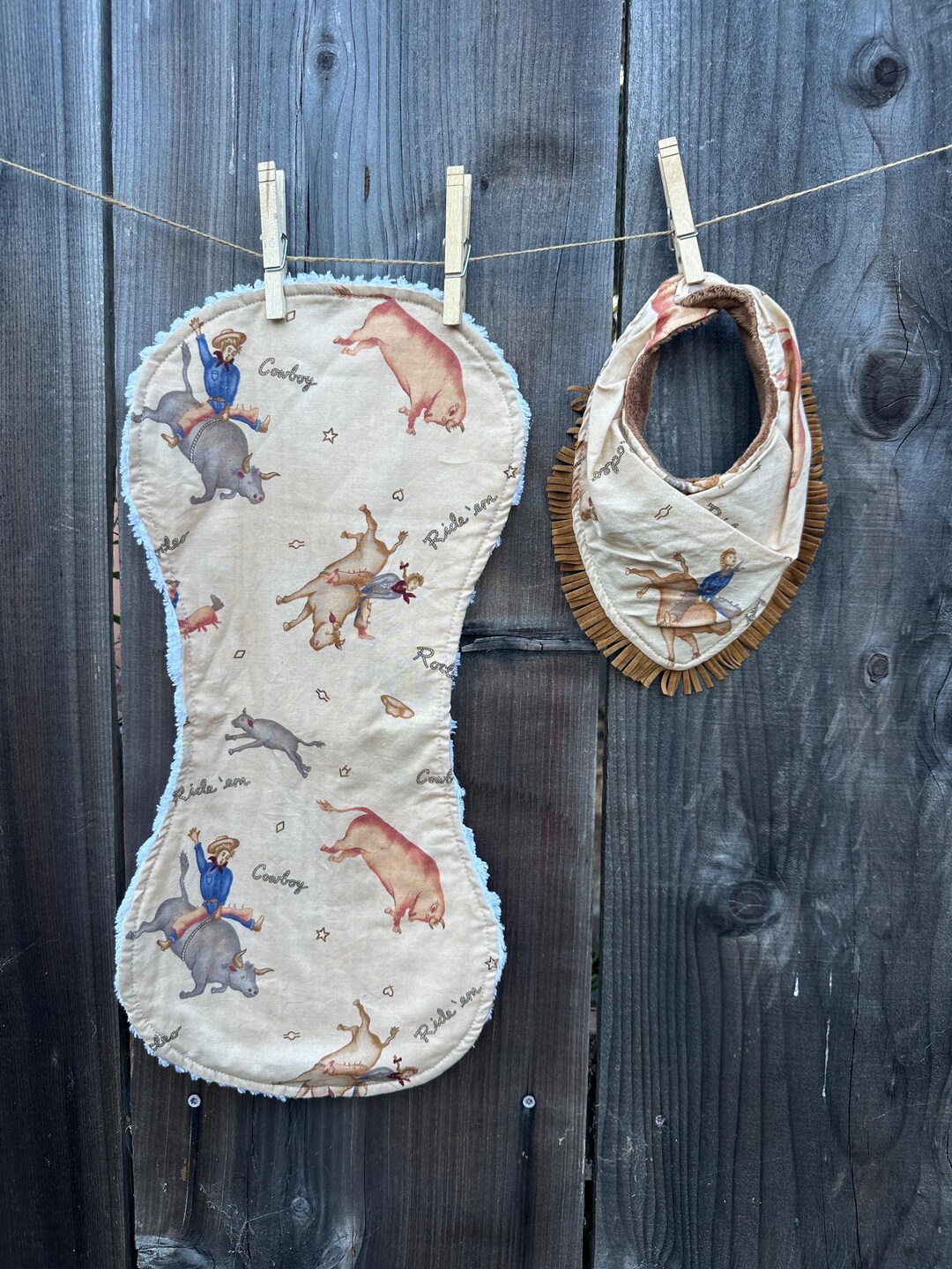 Vintage Bull Rider Baby Bib & Burp Cloth Set, Faux Suede Fringe - Etsy