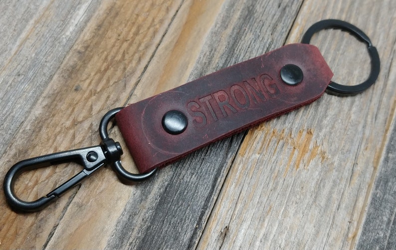 STRONG engraved Custom Leather Keychain fob instagram slogan