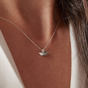 Origami boat necklace | silver small boat pendant | cute origami paper boat with 925 sterling silver chain