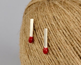 Matches Earrings studs silver, handmade sterling silver minimalist bar earring, red earrings