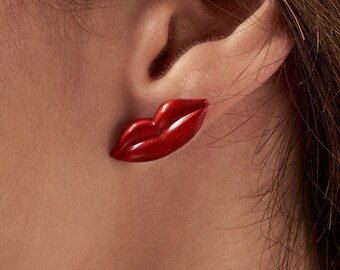 Silver Kiss earring, Love me stud, lip shape earring, Red Lips jewel