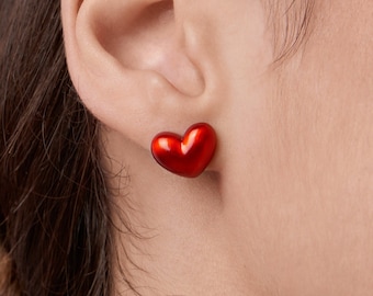 Red Heart Earrings ~ Silver puffed Heart studs ~ Big Heart studs ~ Love gifts ~ Christmas tree gifts