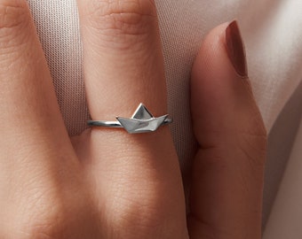 Paper Boat Ring, Sterling Silver Boat Ring, Sale Jewelry, Delicate Origami Boat Ring, Cute Origami Paper Boat