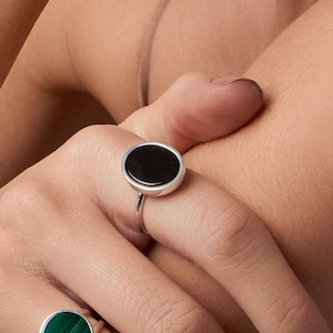 Black Agate Ring, Agate Gemstone Ring, Sterling Silver 925, Flat Oval Crystal Ring