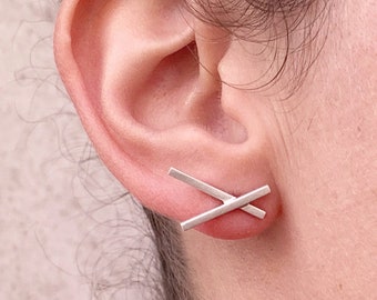 Asymmetric Bar Studs, Climbing Mismatched Earrings, Sterling Silver 925, Dash Line Stud Earrings