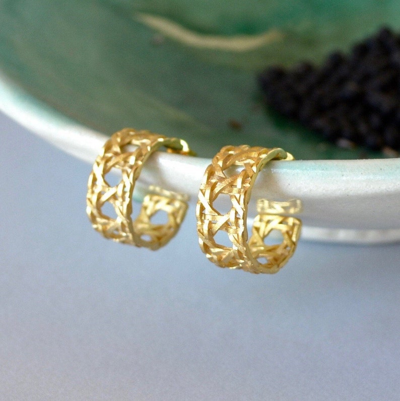 Gold Hoop Earrings, Unique Rattan Earrings, Retro Handmade Jewelry, Sterling Silver Vermeil Earrings, Vintage Style image 5