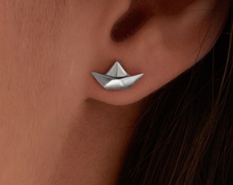 Origami Paper Boat | Origami Stud Earrings | 925 Sterling Silver | Cute Origami Japanese Earring | Office Earrings