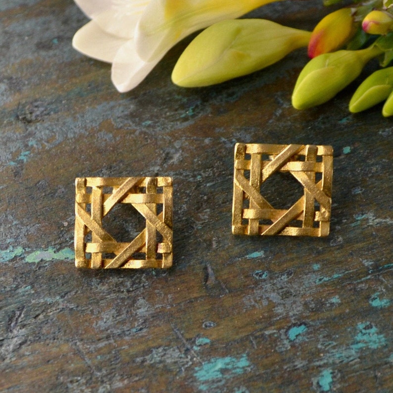 Gold Rattan Earrings, Vintage Style Earrings, Sterling Silver with 24k Gold Earrings, Rattan Studs, RatTan Collection image 4
