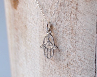 Hamsa Necklace, Gifts for Protection,  Fatima Hand Pendant, Sterling Silver, Brings Lucky charm Necklace