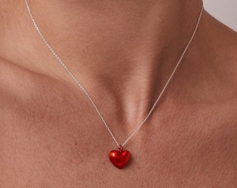 Red Heart Necklace, Sterling silver 925, Puffy Heart necklace, Gift for Her