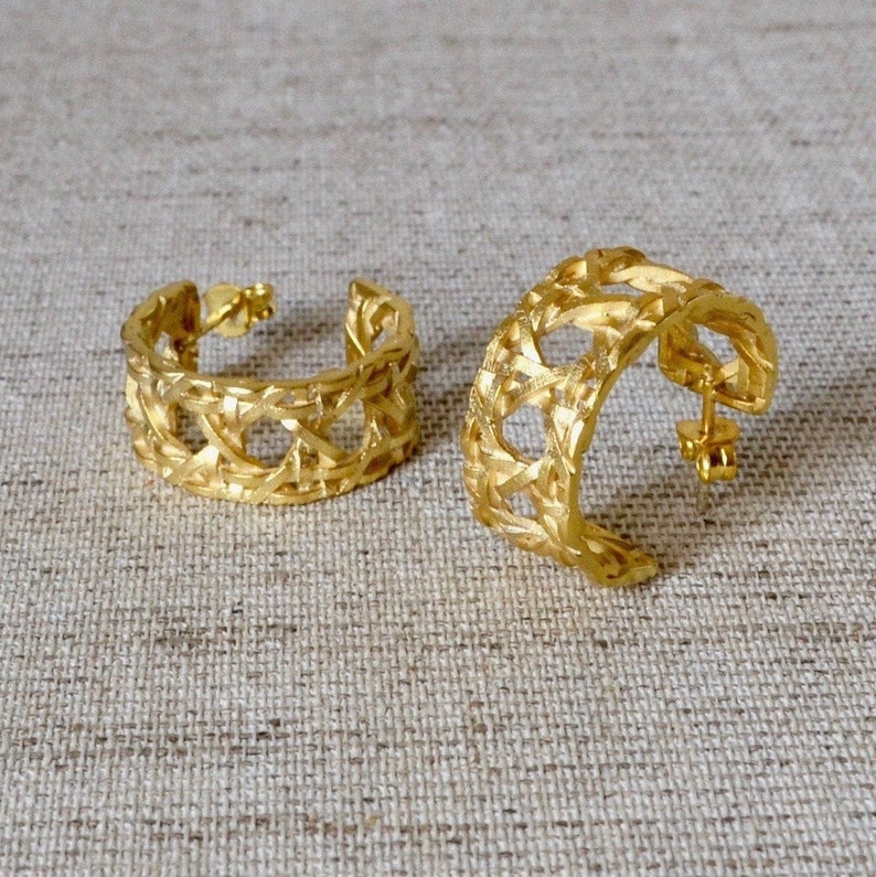 Gold Hoop Earrings, Unique Rattan Earrings, Retro Handmade Jewelry, Sterling Silver Vermeil Earrings, Vintage Style image 7