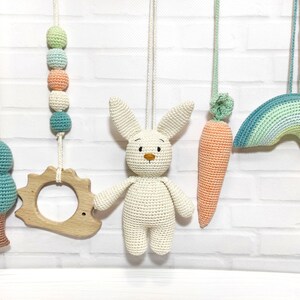 Baby gym toy Wooden baby gym Baby gym wooden Amigurumi bunny Baby wooden gym Crochet bunny nursery Rabbit toys Bunny toys Stuffed bunny