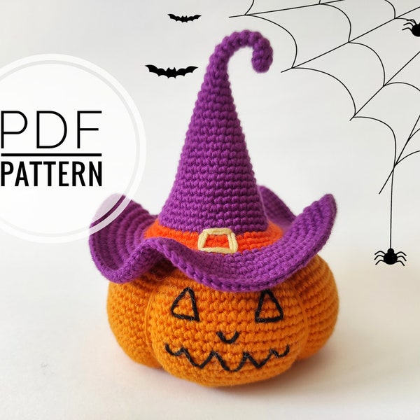 Calabaza de ganchillo Patrón de calabaza Mini patrón de sombrero de bruja Calabazas primitivas Sombrero de bruja de ganchillo Sombrero de bruja de Halloween Halloween amigurumi