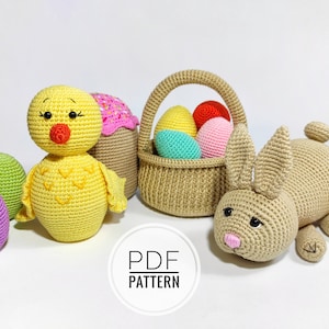 May include: Crochet Easter pattern featuring a yellow chick, a brown bunny, a basket with colorful eggs, and a brown crocheted egg. The pattern is available as a PDF download.