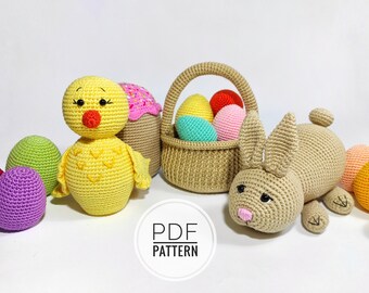 Easter crochet patterns Crochet basket Crochet bunny Crochet eggs Egg pattern Easter bunny Easter chick Mini basket Easter cake Rabbit toys