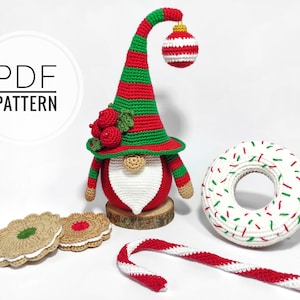 Christmas gnome Crochet food Crochet patterns Fake food Christmas crochet Christmas pattern Candy cane pattern Donut pattern Gnome patterns