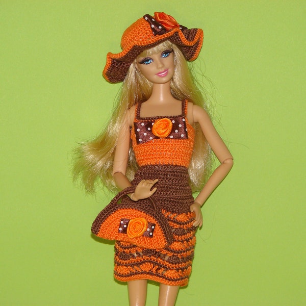 Crochet  outfit  for  doll  Barbie. Handmade clothes  for doll 12 inch.  Brown orange dress, hat,  handbag.