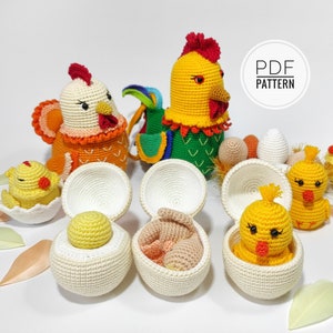May include: Crochet amigurumi pattern for a set of chickens and eggs. The pattern includes instructions for making a rooster, hen, and chicks, as well as eggs with chicks inside. The pattern is available as a PDF download.