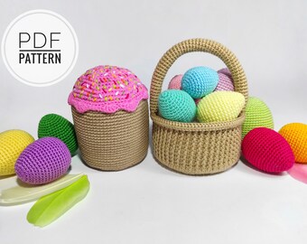May include: A crocheted Easter basket filled with colorful eggs, a crocheted Easter cake with pink frosting and sprinkles, and a few additional crocheted eggs.