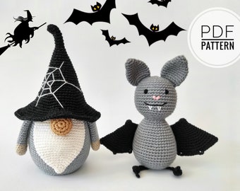 Patrón de murciélago de ganchillo y patrón de gnomo pdf Patrón de Halloween Gnomo de Halloween Gnomo de ganchillo Gnomo bruja Patrones de gnomos Murciélago lindo Crochet pdf