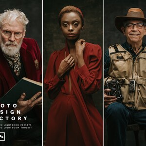 May include: Three people pose for a photo shoot. A man with a white beard wears a red velvet jacket and holds a book. A woman with dark skin wears a red dress. A man with a white hat and a beige vest holds a camera.