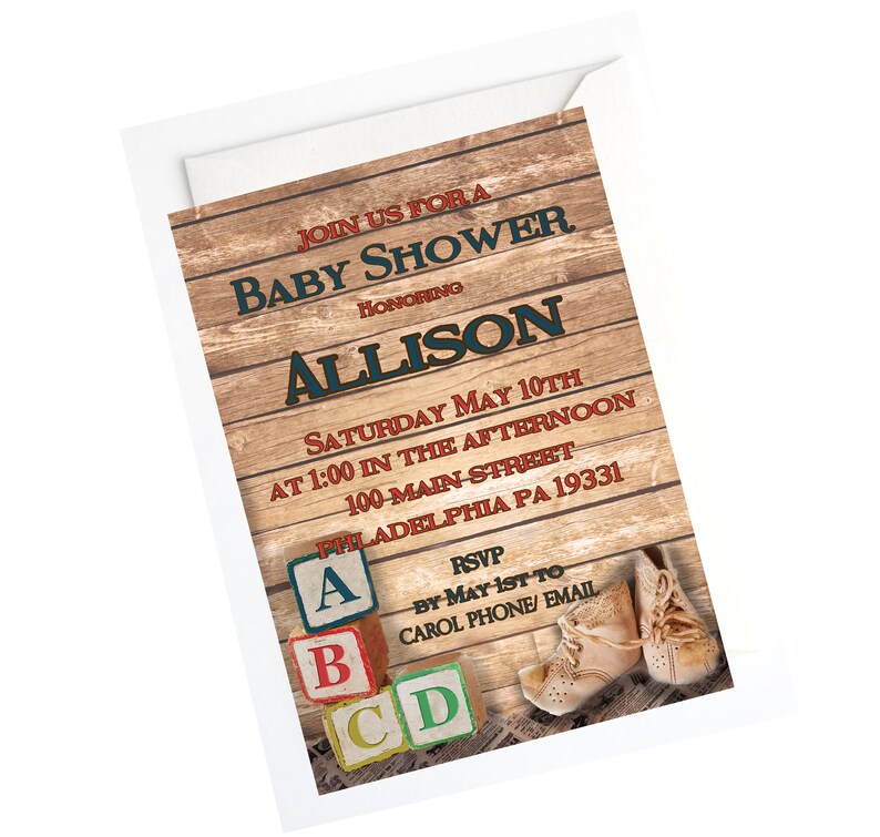 Rustic Shower Invite Rustic Vintage Block Baby Shower Etsy