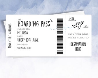 Personalised Boarding Pass Surprise Trip Reveal Gift Faux Fake Boarding Pass Occasion Destination guess where we are going MOCK PLANE TICKET