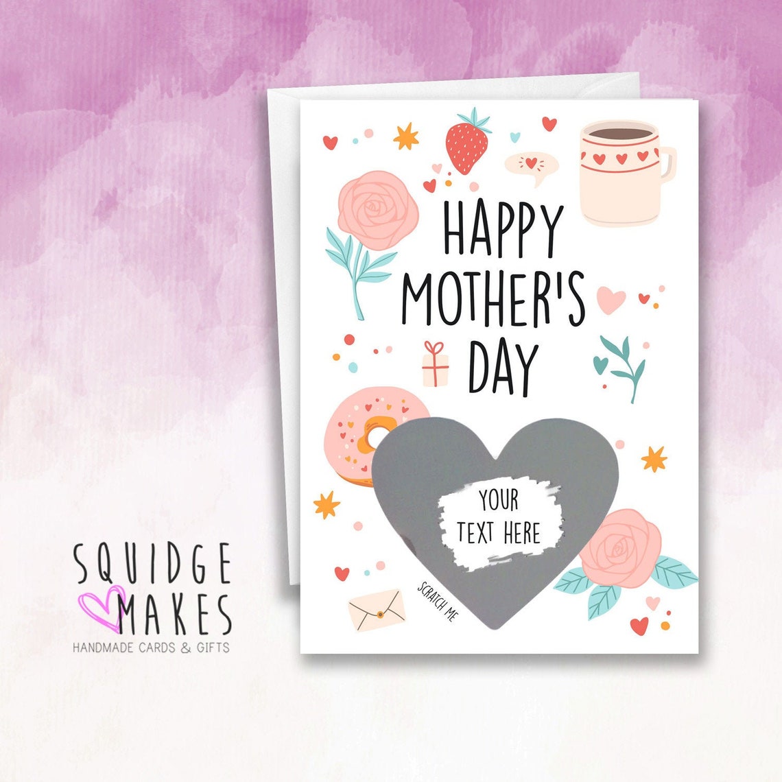 Personalised mothers day scratch off card Donut flowers