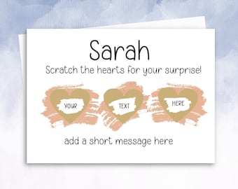 Carte à gratter - Anniversaire personnalisé ou révéler une surprise ou un cadeau 3 coeurs à gratter