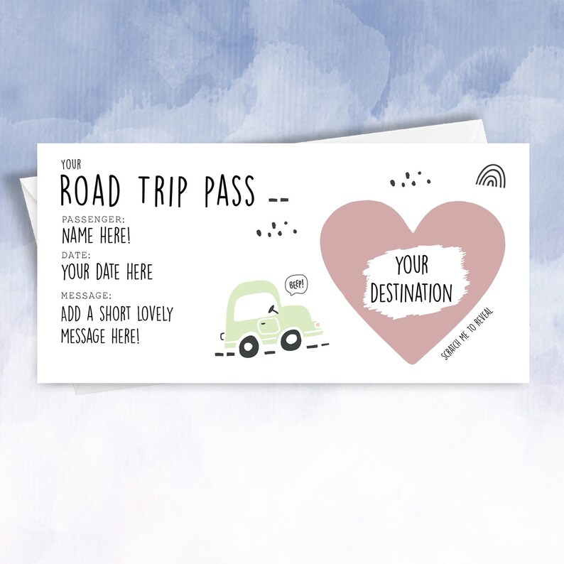 K&ouml;nnte beinhalten: Ein druckbarer Roadtrip-Pass mit einem Rubbelherz, auf dem "Dein Ziel" steht, und einem Comic-Auto mit dem Text "Piep!" Der Pass bietet Platz zum Eintragen des Namens des Passagiers, des Datums und einer Nachricht.