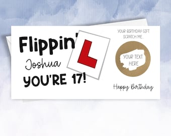 Carte à gratter personnalisée pour 17e anniversaire, chèque-cadeau, révélation de cours de conduite.