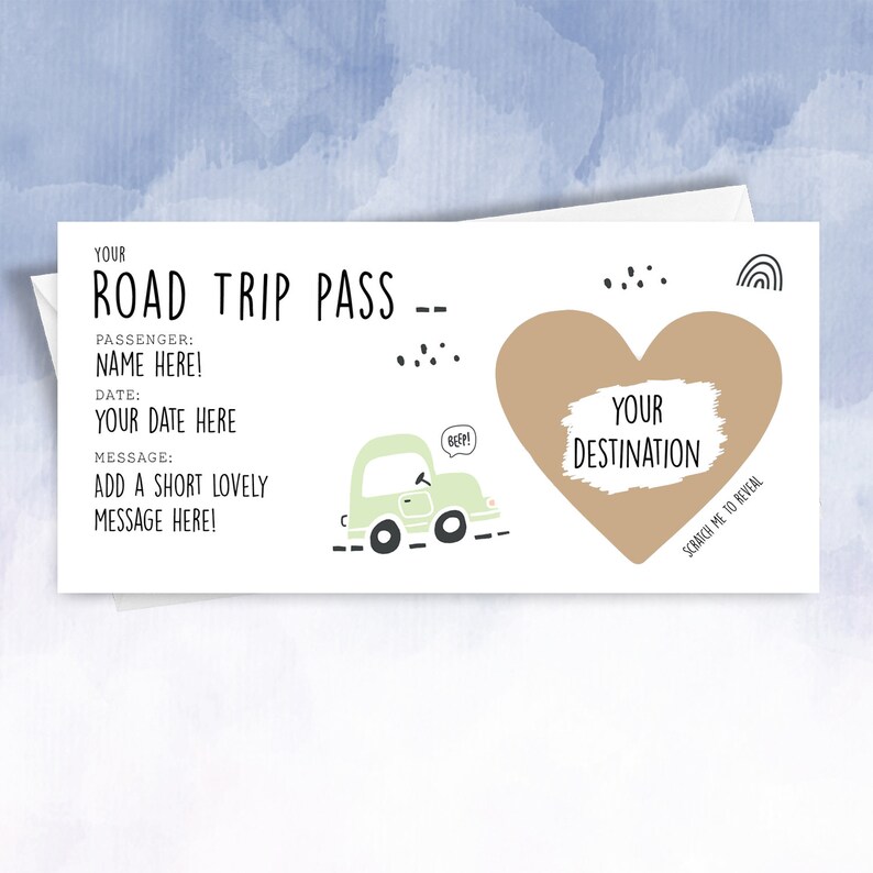 K&ouml;nnte beinhalten: Ein druckbarer Roadtrip-Pass mit einem Rubbelherz, um ein Ziel zu enth&uuml;llen. Der Pass hat ein Cartoon-Auto mit dem Text "Piep!" und die Worte "Dein Ziel" auf dem Herzen.