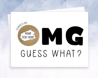 Personalised scratch reveal card Holiday surprise guess what Oh my god OMG card
