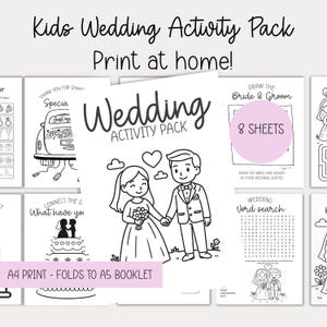 Pode incluir: Um pacote de atividades de casamento para crian&ccedil;as em preto e branco com o texto "Print at home!". O pacote inclui 8 folhas com atividades como desenhar a noiva e o noivo, uma pesquisa de palavras e ligar os pontos. O pacote dobra-se em um livreto A5.