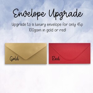 K&ouml;nnte beinhalten: Umschlag-Upgrade-Optionen: goldene oder rote Umschl&auml;ge. 100 g/m&sup2; Papier. Upgrade f&uuml;r 45 Pence.