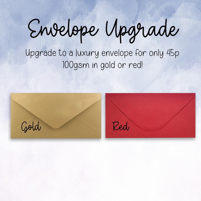K&ouml;nnte beinhalten: Umschlag-Upgrade-Optionen: goldene oder rote Umschl&auml;ge. 100 g/m&sup2; Papier. Upgrade f&uuml;r 45 Pence.