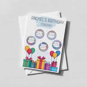 May include: A white birthday itinerary card featuring the text RACHEL'S BIRTHDAY ITINERARY, five numbered circular scratch-off areas with rainbow glitter patterns, and colourful illustrations of gift boxes and balloons at the bottom.