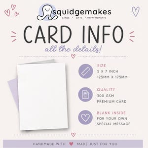Puede incluir: Una tarjeta de felicitaci&oacute;n blanca con un sobre morado claro, con el texto SQUIDGEMAKES, CARD INFO, all the details, 5 X 7 INCH, 125MM X 175MM, 300 GSM PREMIUM CARD, BLANK INSIDE FOR YOUR OWN SPECIAL MESSAGE, y HANDMADE WITH MADE JUST FOR YOU.