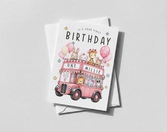 Personalised Birthday Card for Kids, Any Age, Name & Relation, Son Grandson Daughter, Animal Bus Birthday Card