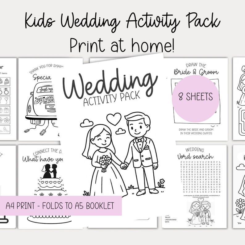 Pode incluir: Um pacote de atividades de casamento para crian&ccedil;as em preto e branco com o texto "Print at home!". O pacote inclui 8 folhas com atividades como desenhar a noiva e o noivo, uma pesquisa de palavras e ligar os pontos. O pacote dobra-se em um livreto A5.