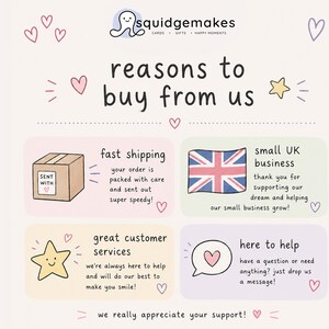 Puede incluir: Un gr&aacute;fico informativo con el t&iacute;tulo reasons to buy from us de squidgemakes. Presenta cuatro cajas de colores pastel que detallan fast shipping, small UK business, great customer services y here to help, decoradas con corazones y estrellas.
