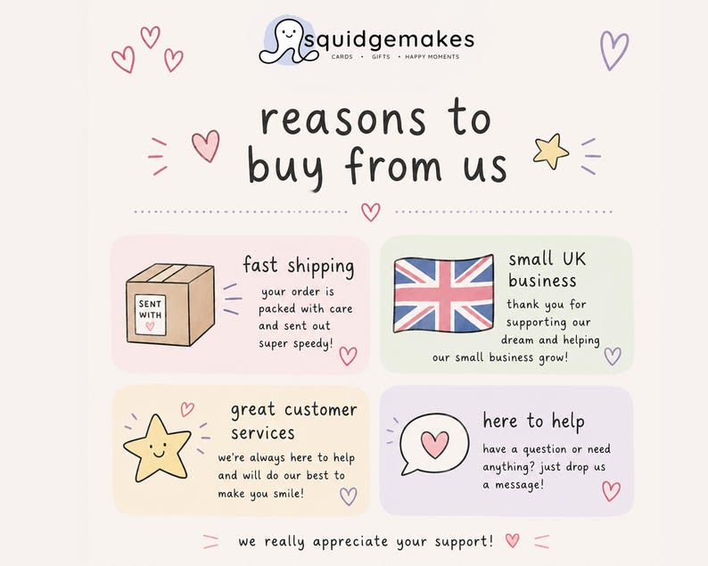 Puede incluir: Un gr&aacute;fico informativo con el t&iacute;tulo reasons to buy from us de squidgemakes. Presenta cuatro cajas de colores pastel que detallan fast shipping, small UK business, great customer services y here to help, decoradas con corazones y estrellas.