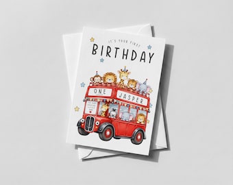 Personalised Birthday Card for Kids, Any Age, Name & Relation, Son Grandson Daughter, Animal Bus Birthday Card