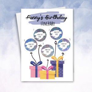 Personalised Birthday Itinerary Scratch Card Voucher Surprise Gift to Reveal a spa, holiday