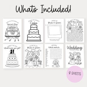 Pode incluir: Um conjunto de oito folhas de atividades de casamento, com v&aacute;rios jogos e p&aacute;ginas para colorir. As folhas incluem uma pesquisa de palavras, ligar os pontos e um labirinto, todos com tema de casamento. O texto "Whats Included!" est&aacute; no topo.
