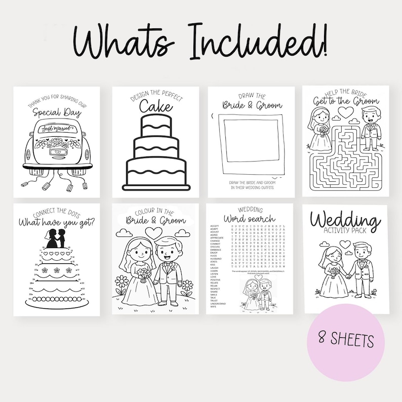 Pode incluir: Um conjunto de oito folhas de atividades de casamento, com v&aacute;rios jogos e p&aacute;ginas para colorir. As folhas incluem uma pesquisa de palavras, ligar os pontos e um labirinto, todos com tema de casamento. O texto "Whats Included!" est&aacute; no topo.